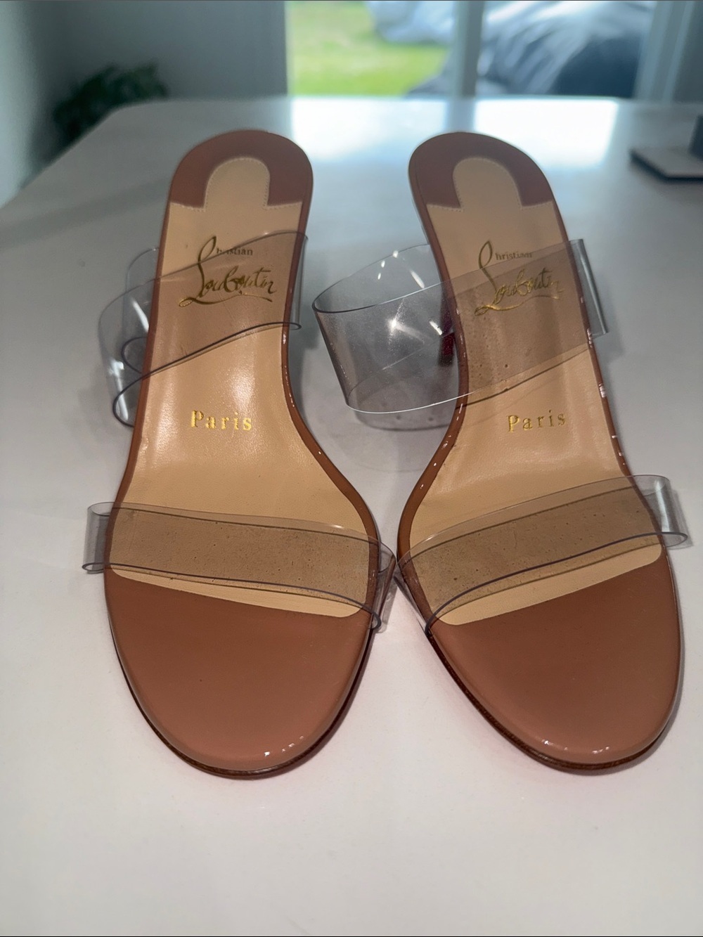 Christian Louboutin Tan Nude Slides with Clear Straps